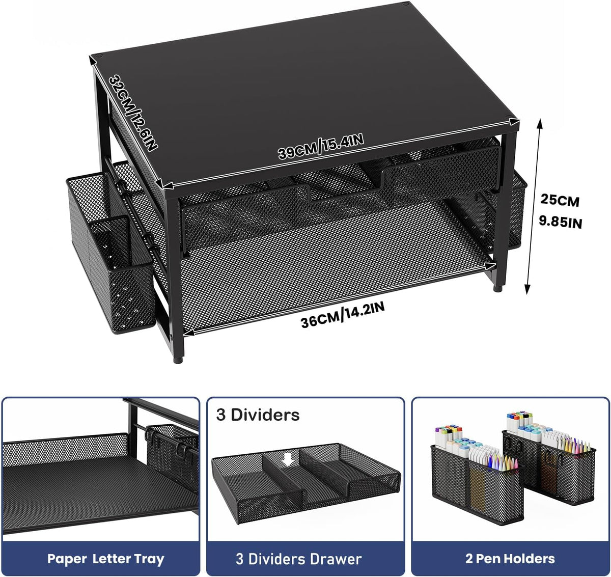 Metal Desktop Printer Stand with Storage Drawer & 2 Pen Holders,2 Tier Ho...