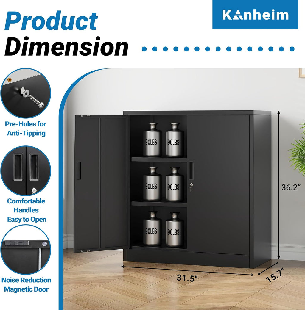 Metal Storage Cabinet, 36" Locking Cabinet with Adjustable Shelves for Garage, Office (Black)