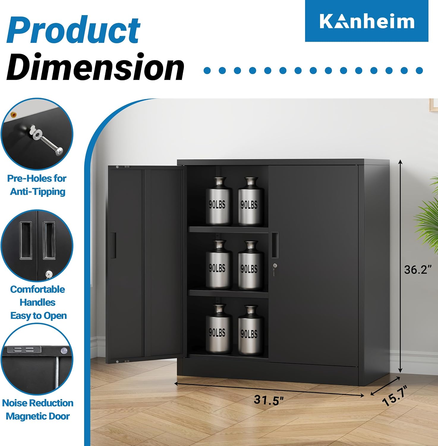 Metal Storage Cabinet, 36" Locking Cabinet with Adjustable Shelves for Garage, Office (Black)