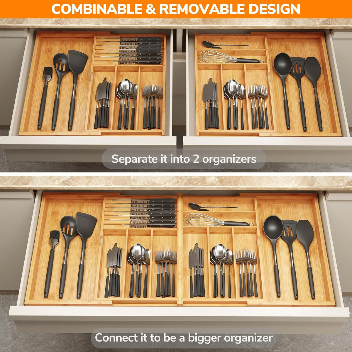 BAMEOS Expandable Silverware Drawer Organizer with Removable Knife Blocks, Ba...