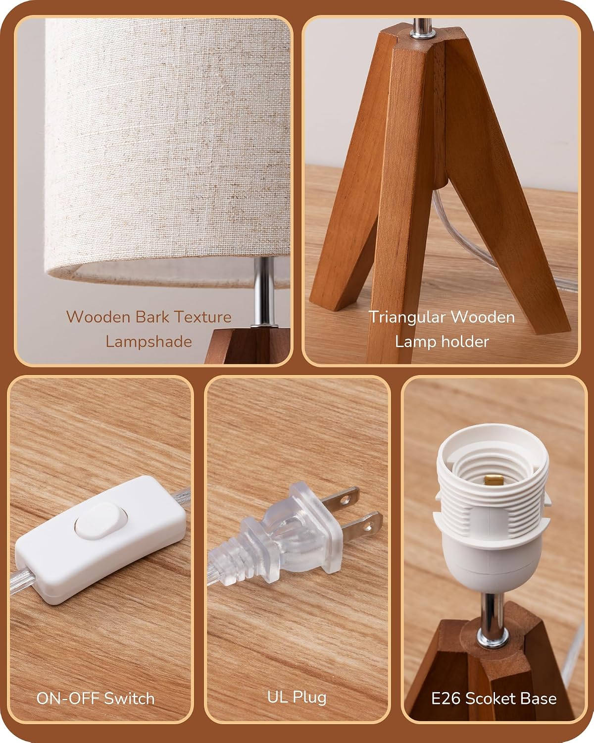 EDISHINE Small Table Lamp, Wooden Tripod Nightstand Lamp, 14.2", 2 Pack