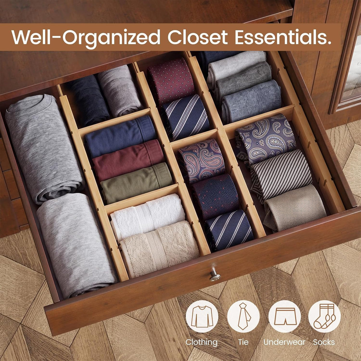 Bamboo Drawer Dividers 8 Pack with Inserts, Kitchen Adjustable Drawer Organiz...