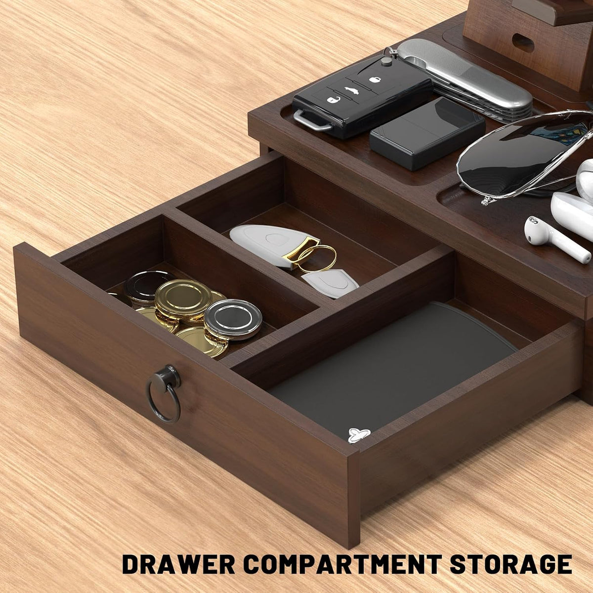 Wood Phone Docking Station, Nightstand Organizer with Drawer