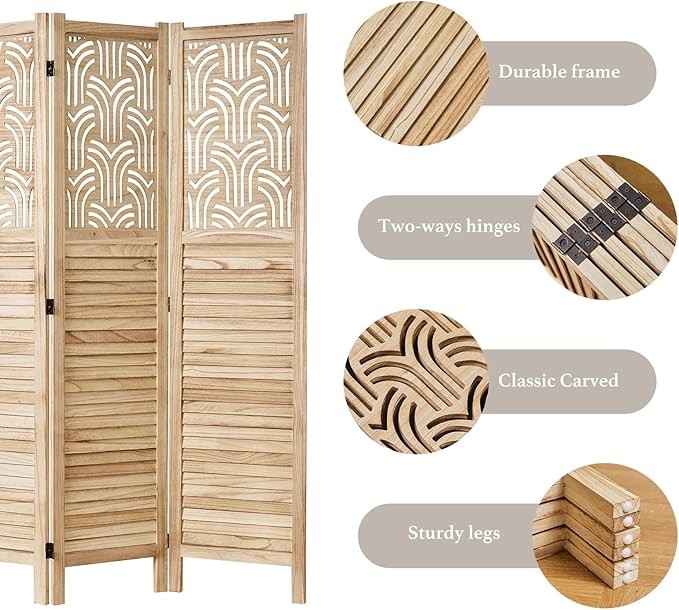 Svimi Folding Room Divider, 66.9 Inch 6 Panels Wood Carved Privacy Screens - Image 6