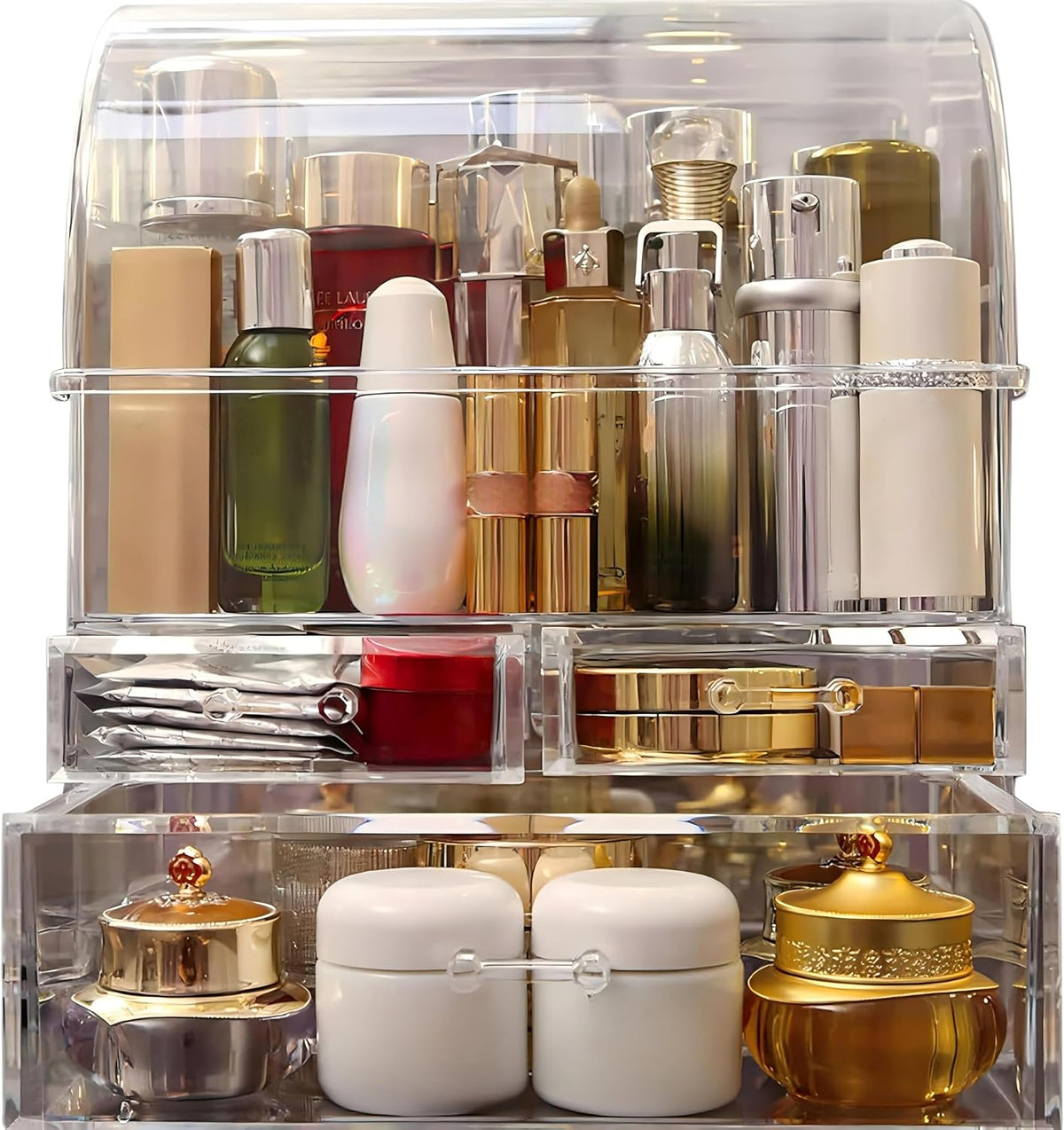Clear Large Acrylic Makeup Organizer With Lid Cosmetic Storage Drawers Portab...