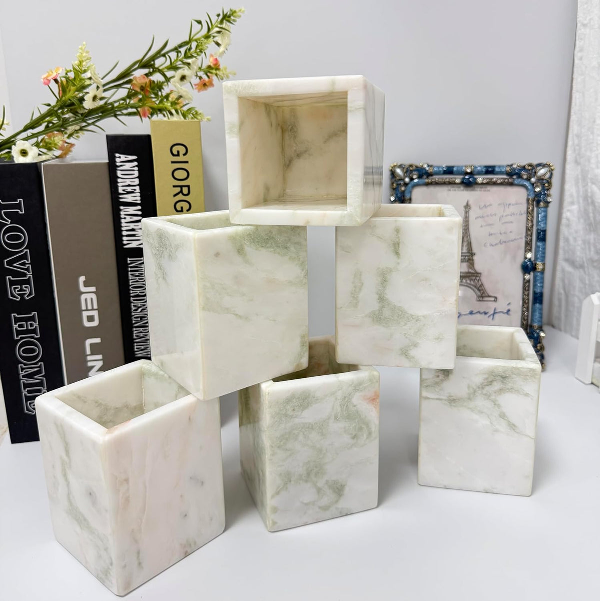 Natural Marble Pen Holder, 2.95" x 3.74" Square Hand-Polished Desk ...