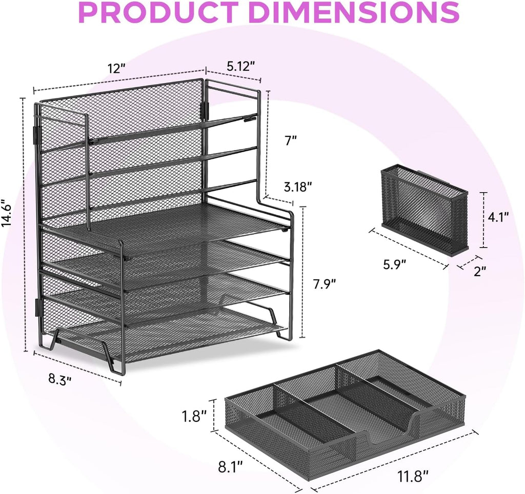 7-tier desk organizer with drawer and pen holder shown in use