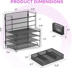 7-tier desk organizer with drawer and pen holder shown in use