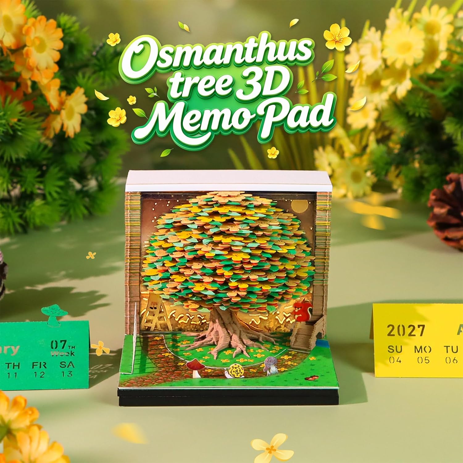 3D Time Piece Calendar, 2027 Desk Calendar With LED Light, 3d Tree Memo Pad Creative Desk Calendar, Christmas Gift for Colleague Friend, Desktop Decoration (Osmanthus Tree)