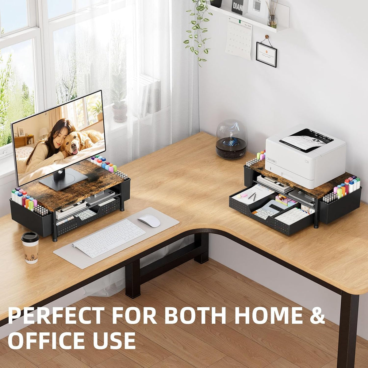 Monitor Stand Riser with Plastic Drawer and Two Pen Holders, Dark Wood Top