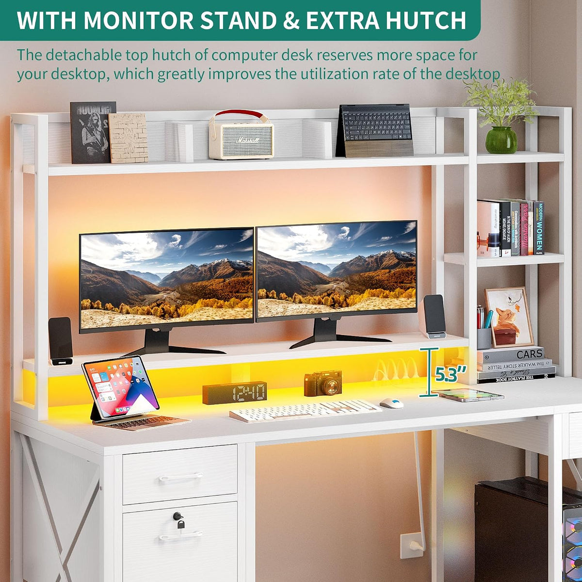 YITAHOME 59.1" Computer Desk with Drawers & Hutch, Power & LED, ...