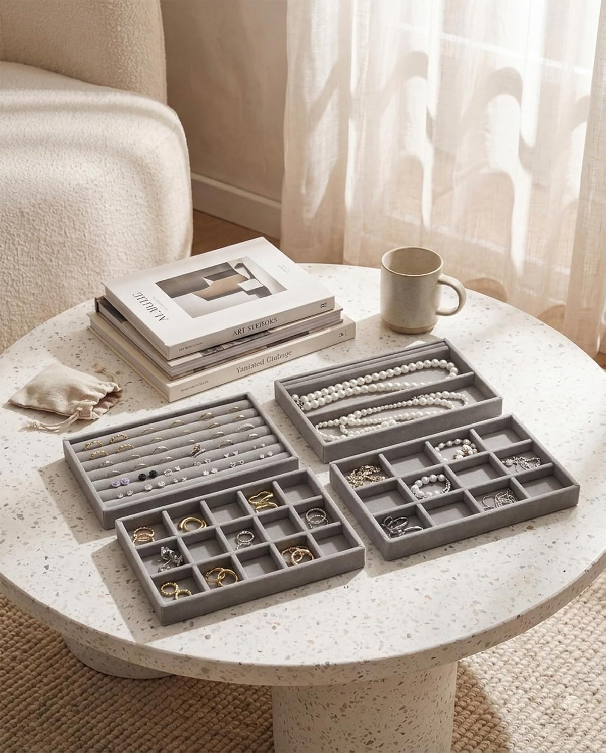Velvet Jewelry Trays,Jewelry Organizer Trays for Drawer,Set of 8,Gray