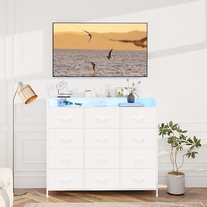 Welfuturer White Dresser with LED Lights and Charging Station - Image 8