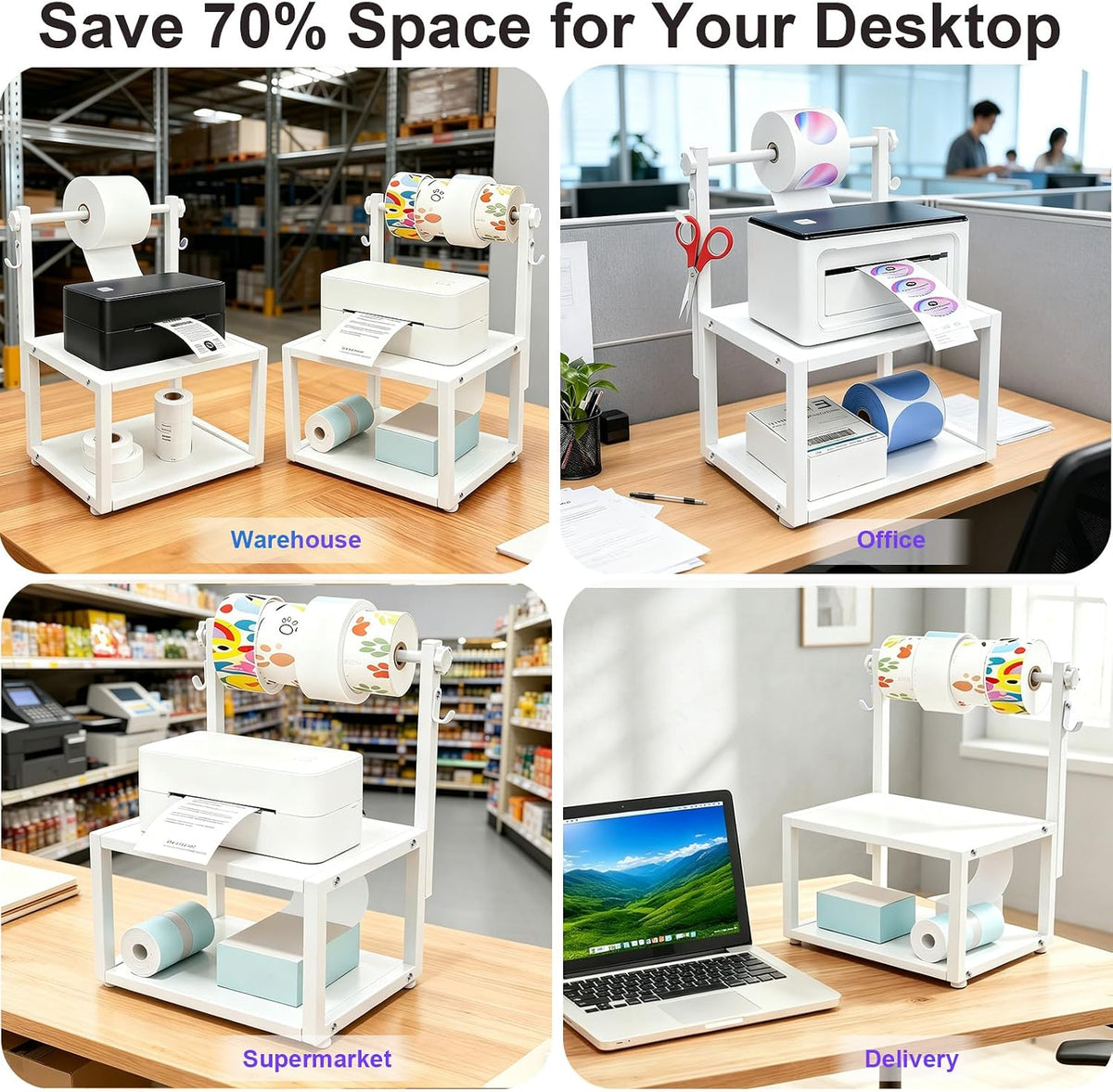 Wooden Thermal Printer Stand for Roll and Fan-Fold Label Holder, Office Use