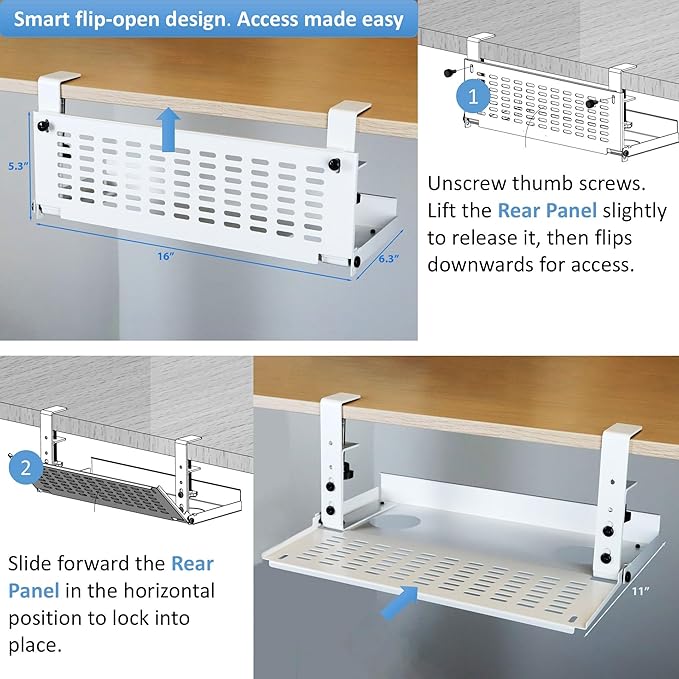 AEONS Universal Under Desk Cable Management Tray-Clamp Mount Hinged Swing - Image 2