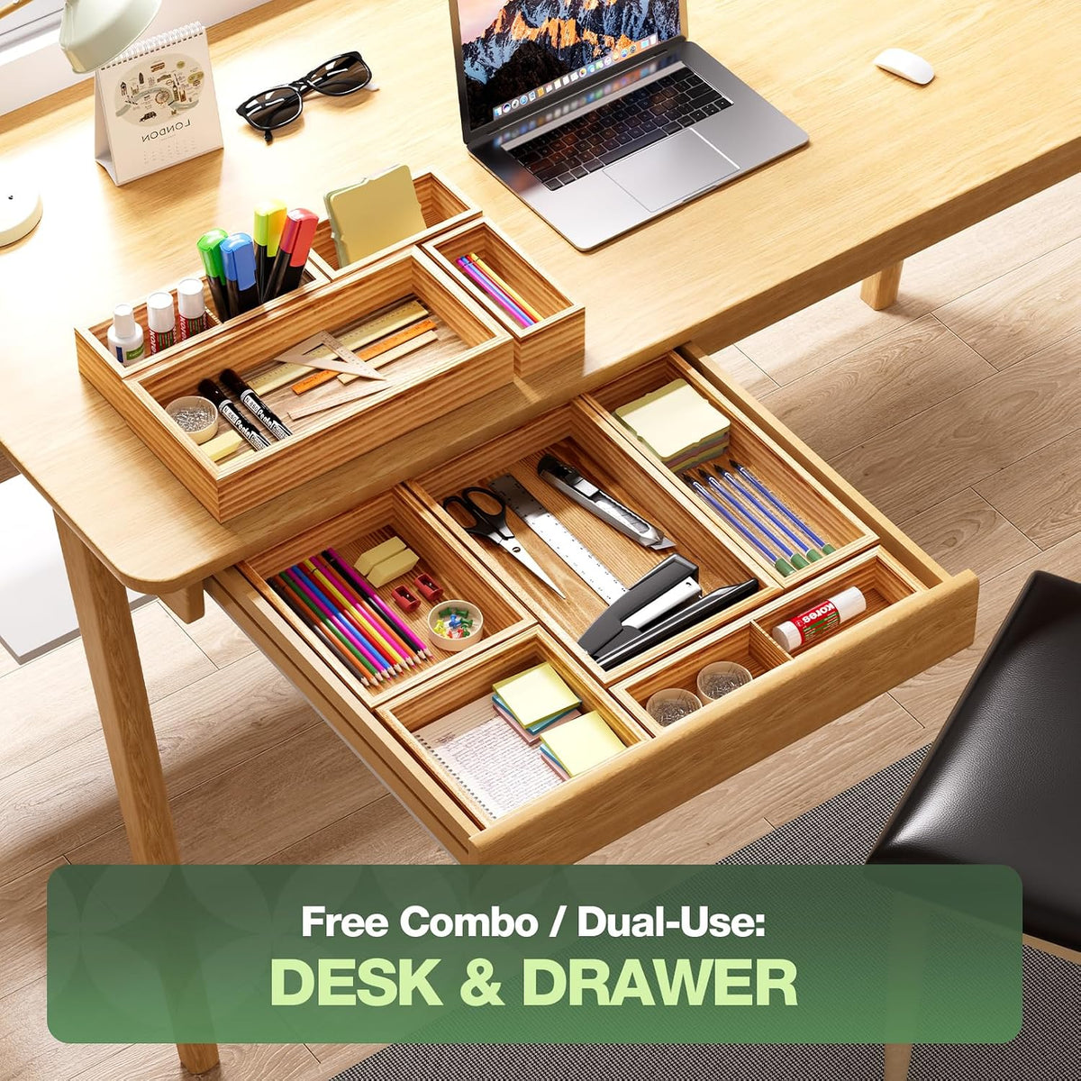 9-Pack Solid Wood Junk Drawer Organizer, Modular Desk Drawer Tray & Acces...