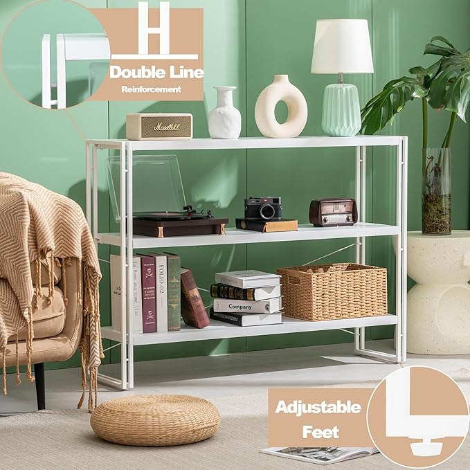 HCHQHS Bookshelf, 3-Tier Industrial Bookcase, Freestanding Horizontal - Image 5