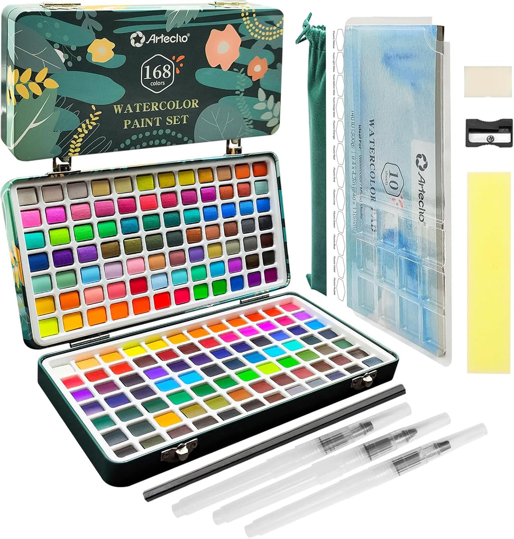 artecho 168-color watercolor paint set with metallics, tin, main product view