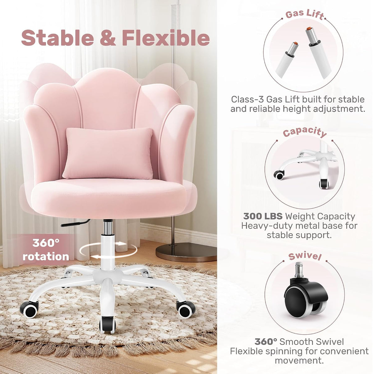 BestGlory Petal Vanity Chair with Wheels, 3.15" Extra Thick Comfy Makeup Chair, Adjustable Modern Swivel Armless Desk Chair for Girls Women, Aesthetic Small Office Chair for Bedroom Dorm, Pink
