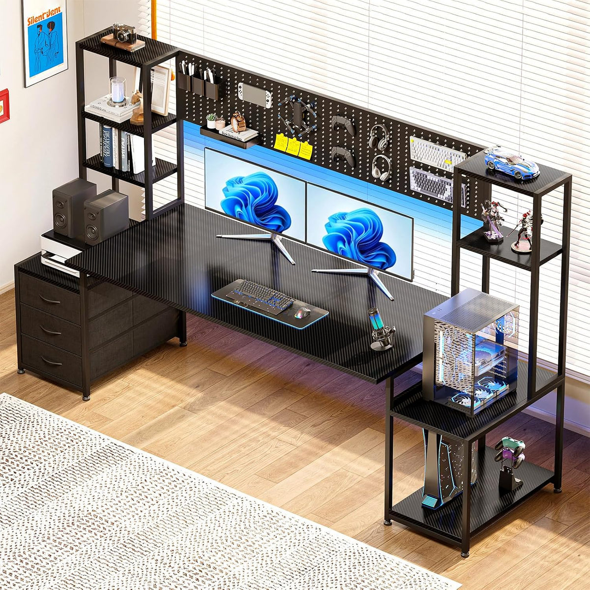 AODK 79 Inch Gaming Desk with Shelves & DIY Pegboard, PC Desk with Drawers