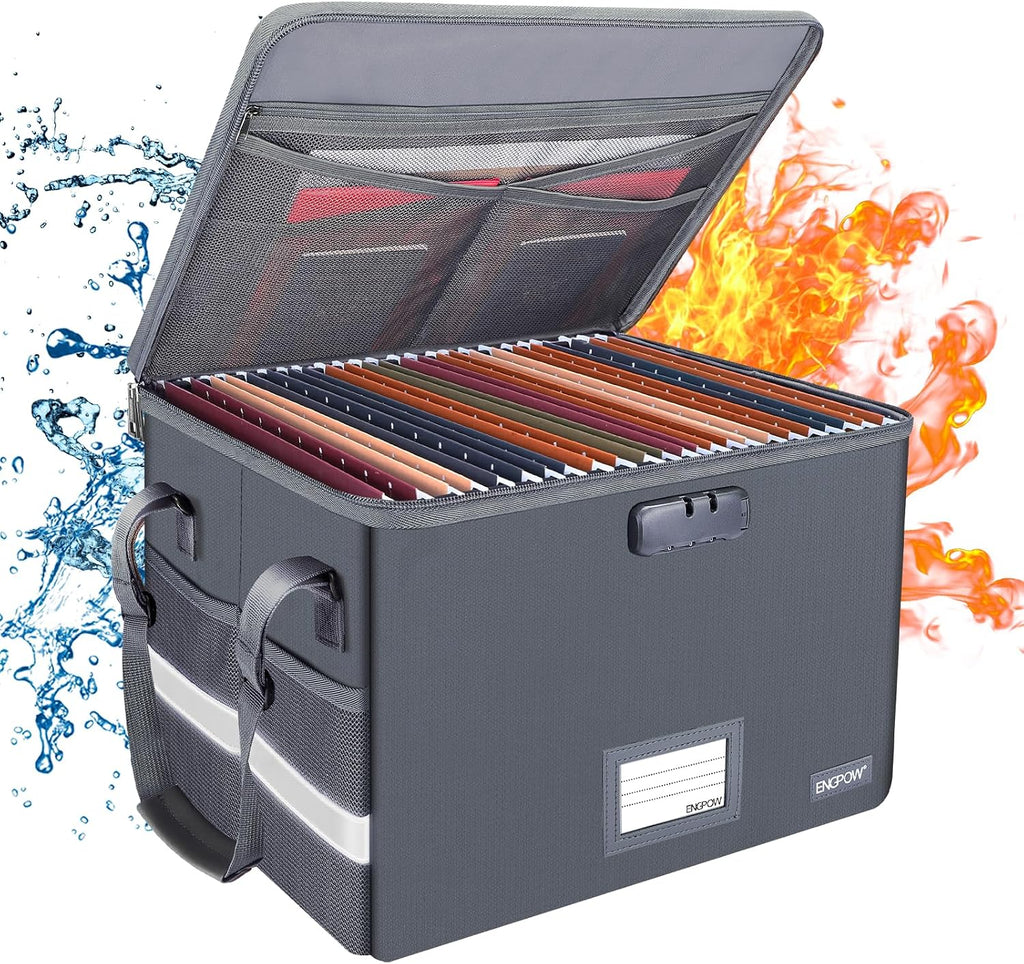 ENGPOW File Box with Lock, Fireproof Document Box with Zipper Lid, Collapsible