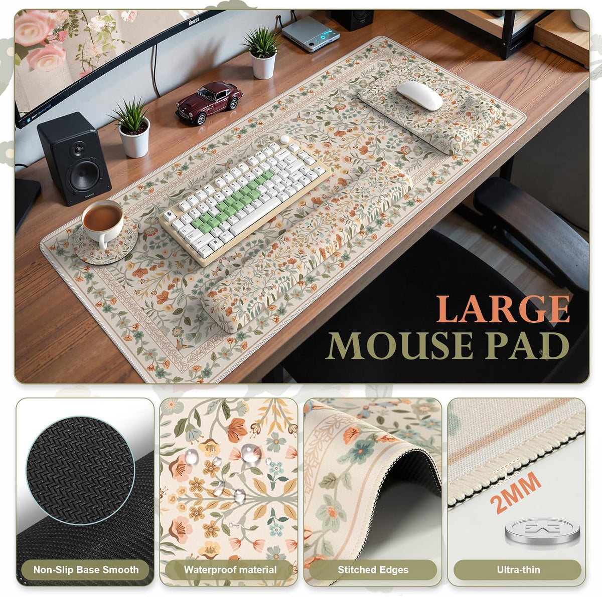 iCasso Mouse Pad with Wrist Rest,Ergonomic Large Desk Mat Set, Beige