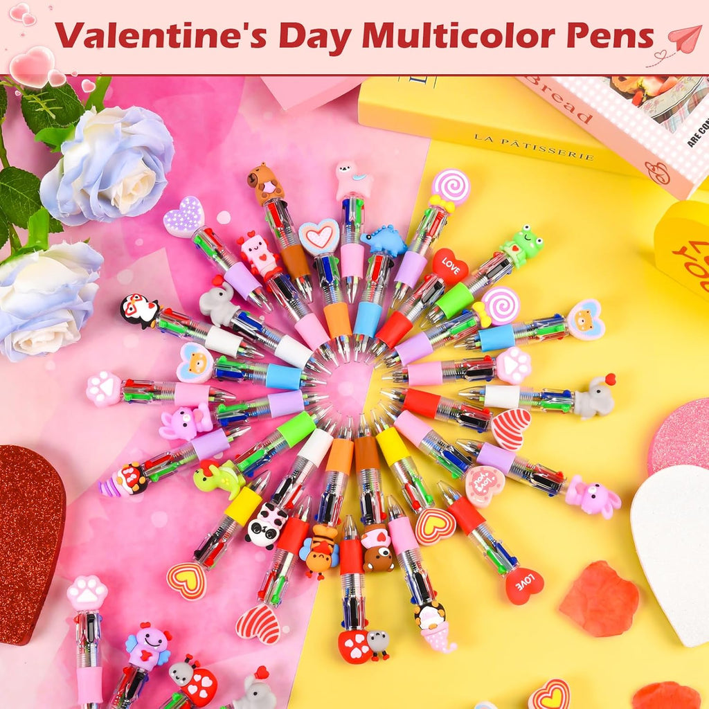 LiYiQ 100 Pcs Valentine's Day Animal Multicolor Pen in One Cartoon Cute Fun 4-in-1 Cute Pens Bulk Kawaii Heart Capybara Frog Panda Shape Lovely Ballpoint Pens for Fun Gifts