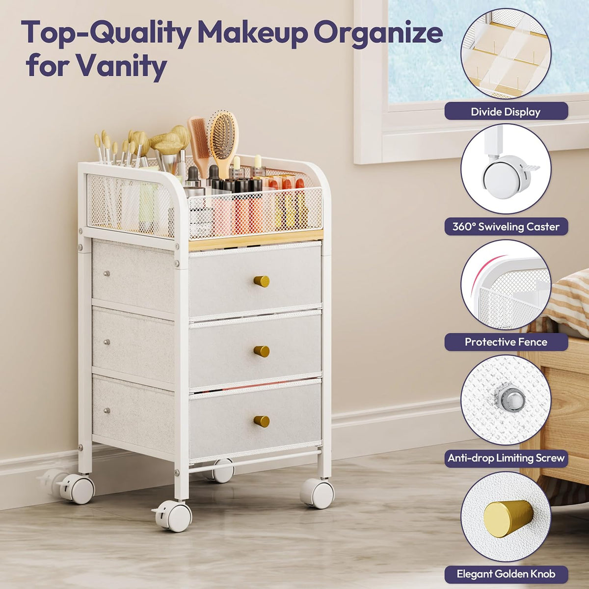 SWTYMIKI Rolling Makeup Organizer Cart - Under Desk Vanity Makeup Storage wit...