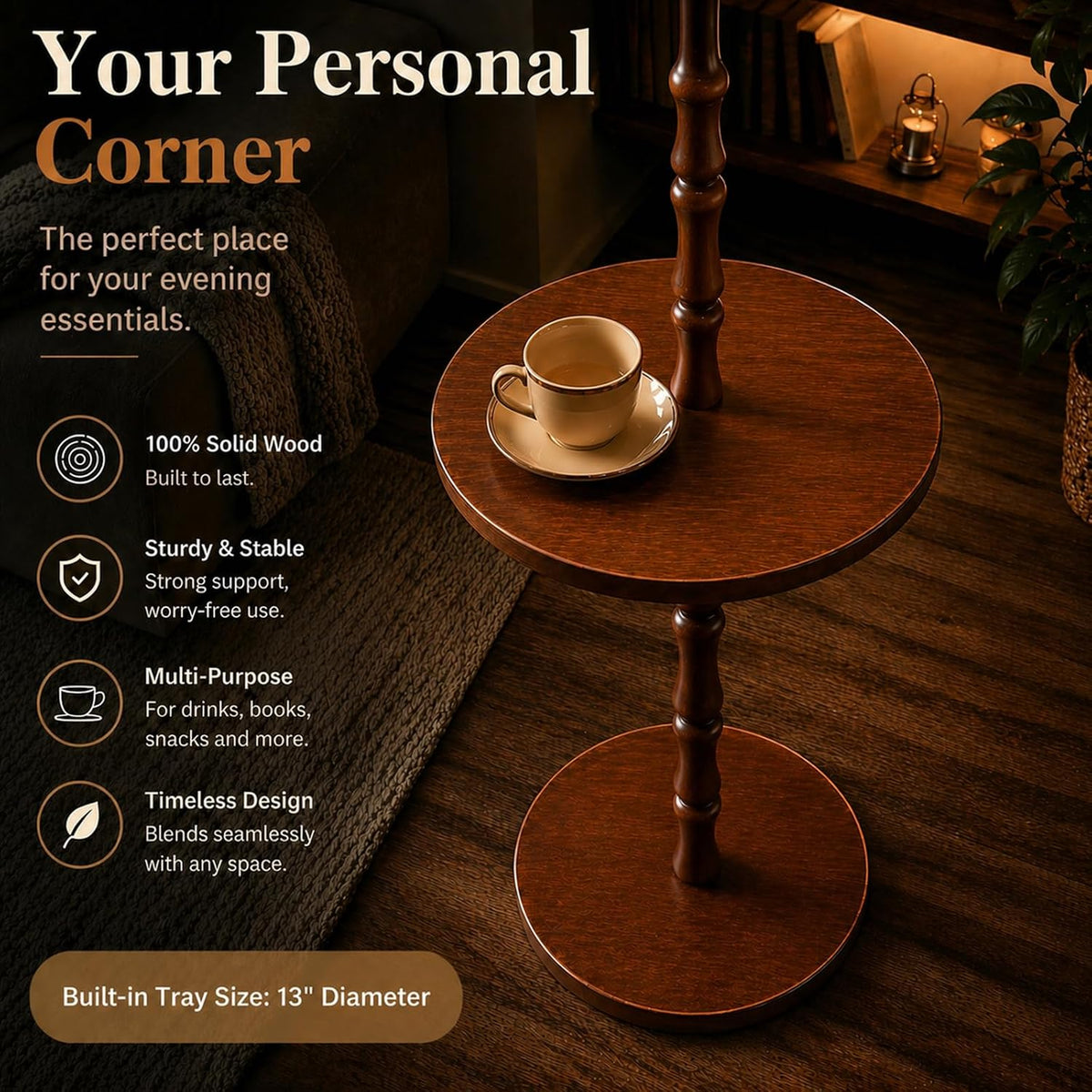 Real Wood Floor Lamp with Built-in Tray, Remote Control, Adjustable Brightnes...