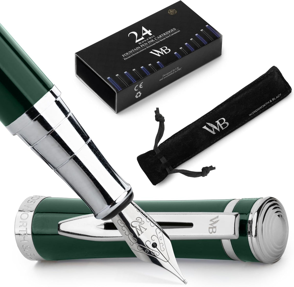 Wordsworth & Black Fountain Pen Set, Medium Nib, Includes 24 Pack Ink Cartridges