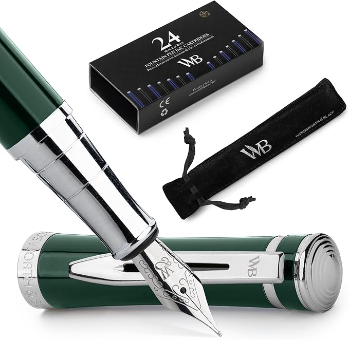 Wordsworth & Black Fountain Pen Set, Medium Nib, Includes 24 Pack Ink Cartridges by WordsworthBlack