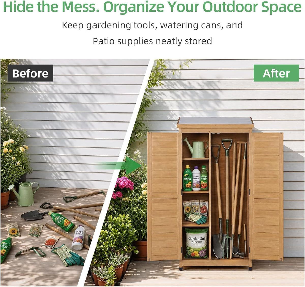 68'' outdoor storage cabinet, wooden garden tool cabinet, side view