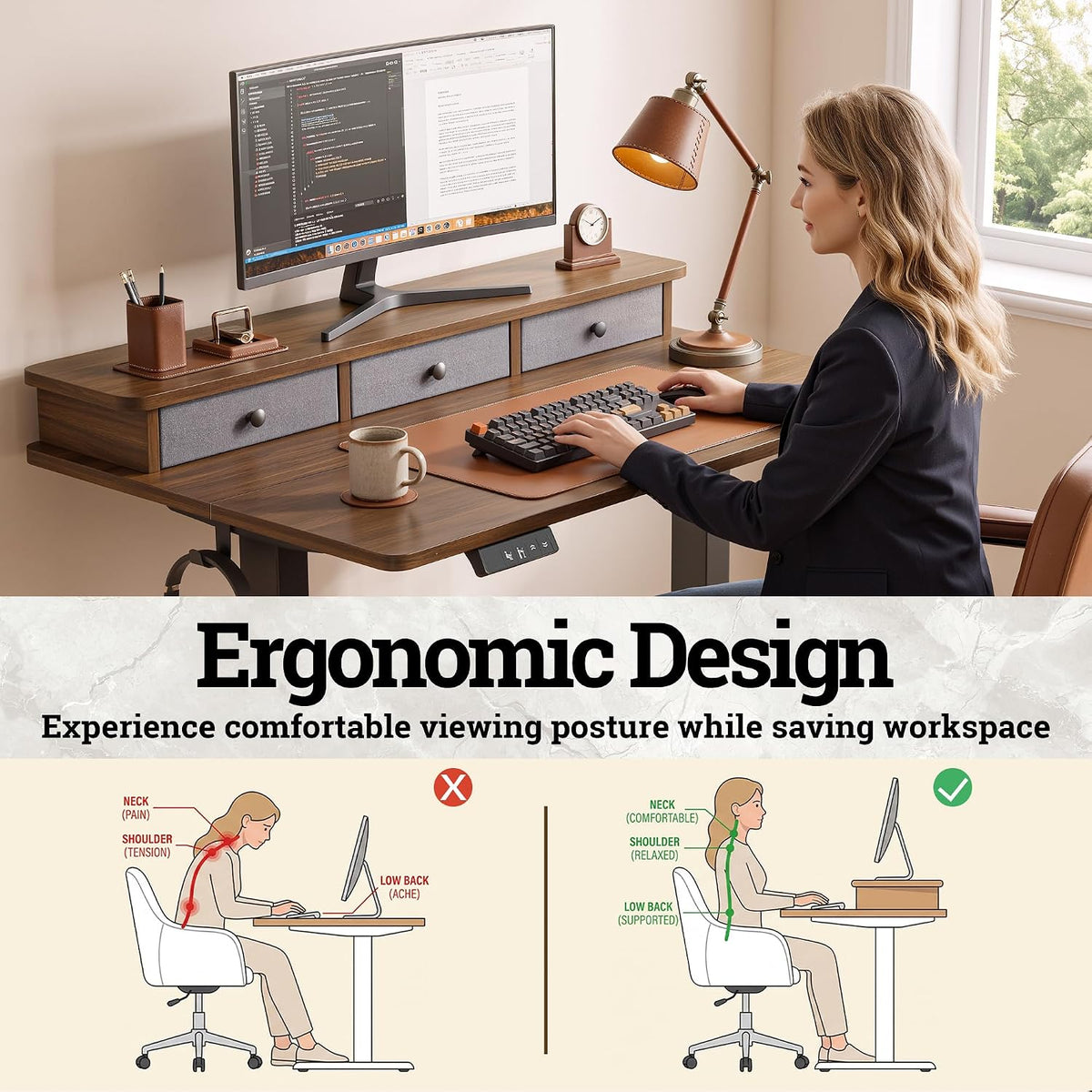 TIQLAB Small Standing Desk with 3 Drawers, 40" Computer Desk Vanity, Walnut