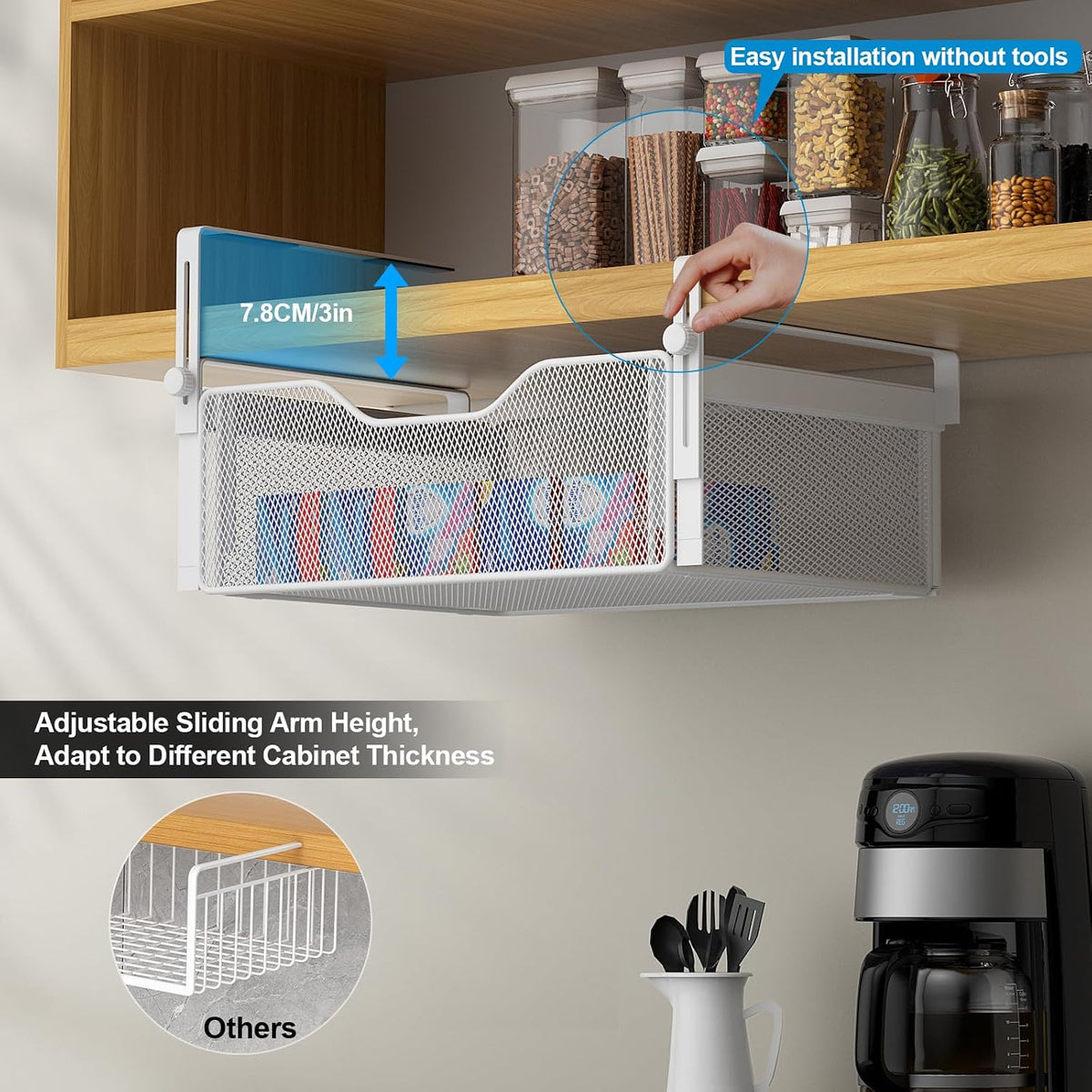 AmonHouseware 2Pack Under Shelf Basket Storage,Adjustable Hanging Arm,White