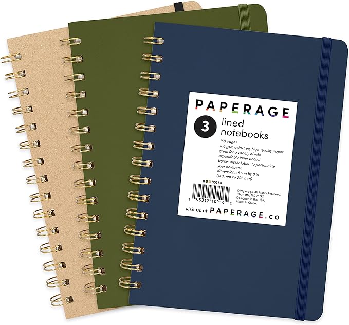 PAPERAGE Lined Spiral Journal Notebook, 3 Pack, 160 Pages, Medium 5.5 inches x by PAPERAGE