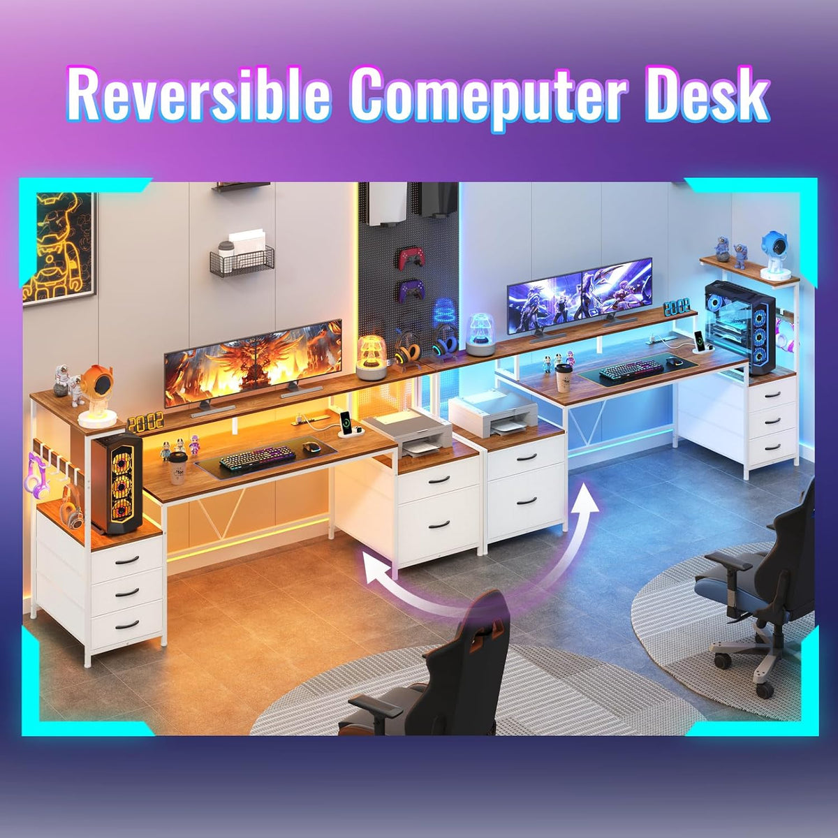 63" Computer Desk with Drawers, Storage Shelves and Printer Stand