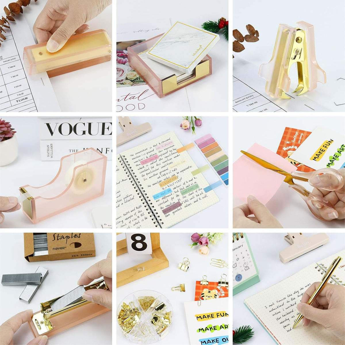MultiBey Pink Gold Acrylic Sticky Notes Holder Stapler and Tape Dispenser Cut...