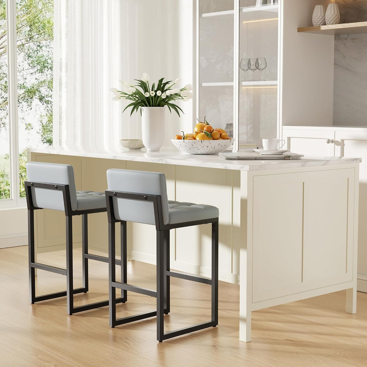 Bar Stools Set of 6, Modern Counter Height Bar Stools, Light Grey