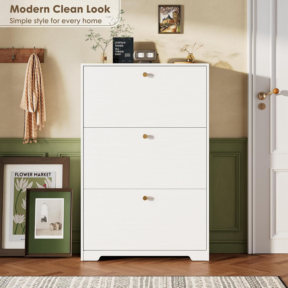 Nicetree Shoe Cabinet with 3 Flip Drawers, Narrow Shoe Organizer Cabinet, Fre...