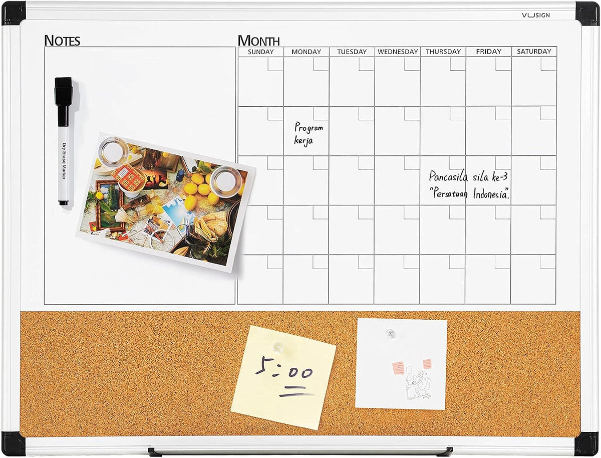 VUSIGN Monthly Calendar Whiteboard Dry Erase Cork Board Combo