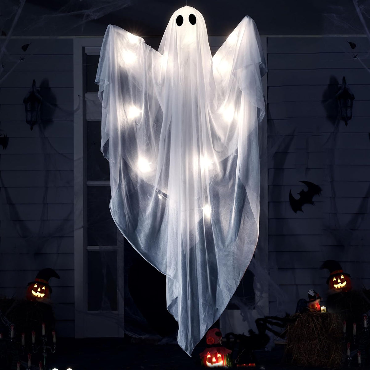 JOYIN 2 Pcs 47” Halloween Light up Hanging Ghost Decorations Outdoor, Cold Wh...
