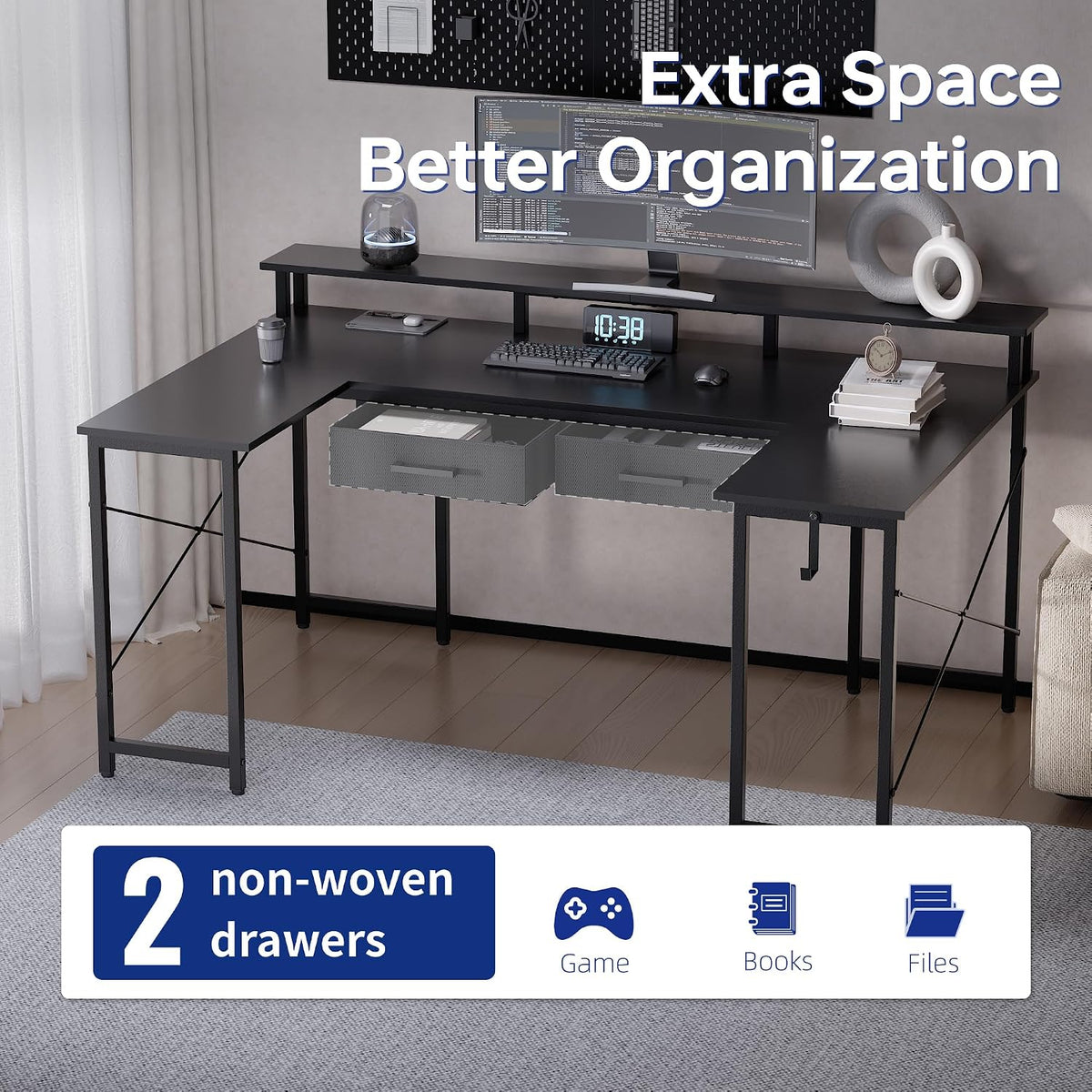 Pamray 55 Inch Gaming Desk with Drawers U Shaped Large Computer Desk