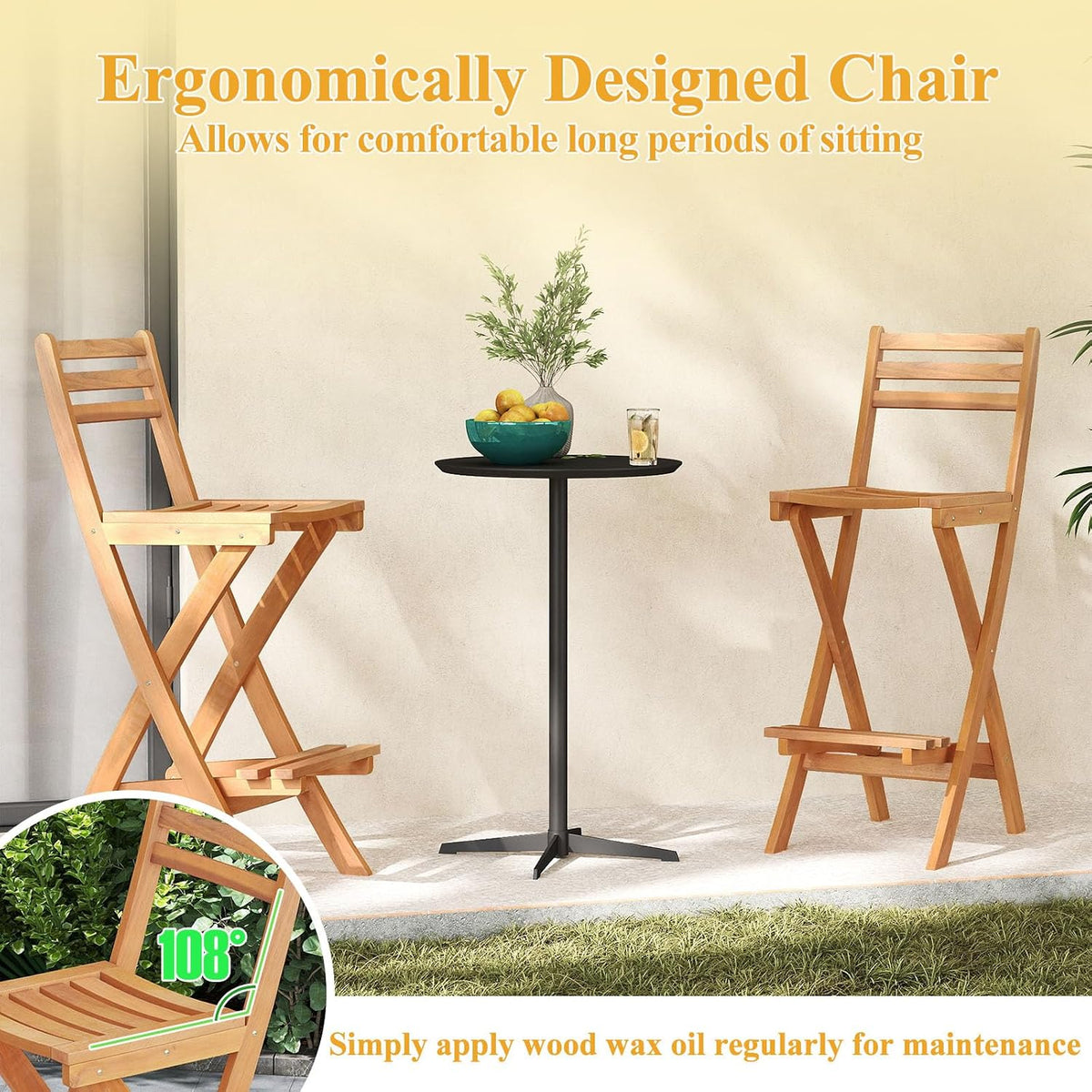 COSTWAY Outdoor Acacia Wood Folding Bar Stool with Slatted Backrest