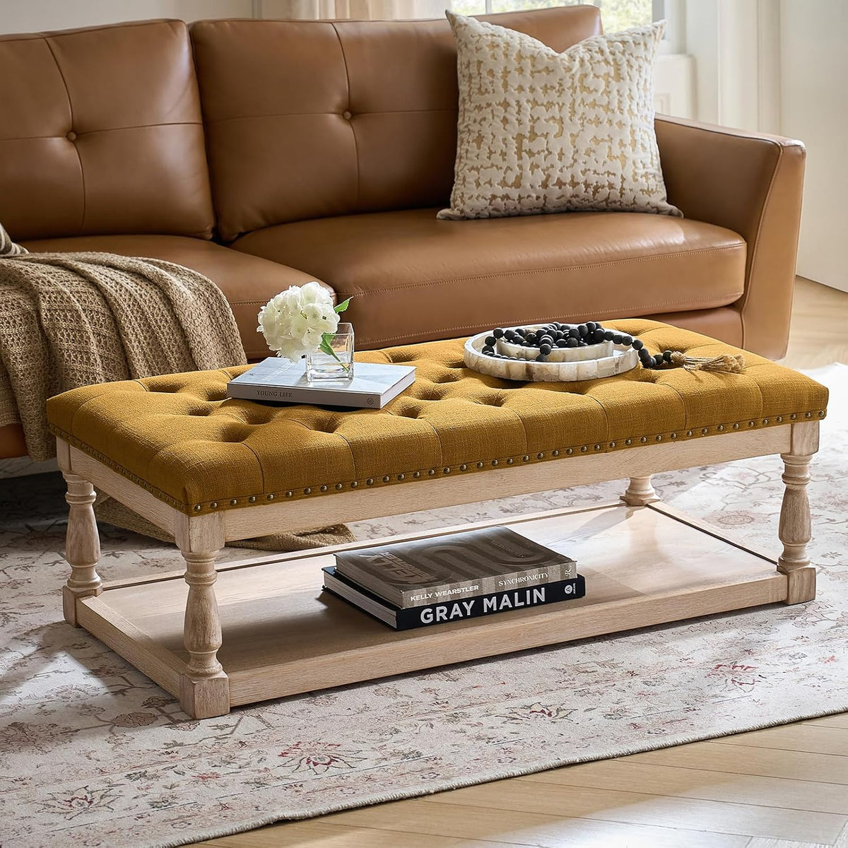 HULALA HOME Storage Tufted Ottoman Coffee Table with Solid Wood Legs, Golden