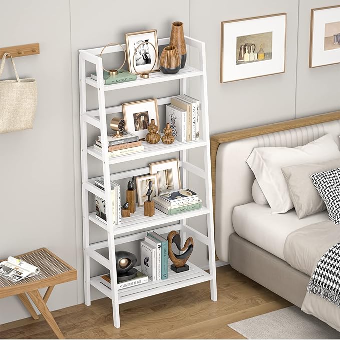 Homykic Ladder Shelf, 4-Tier Bamboo Ladder Bookshelf, 49.2” White Book Shelf - Image 4