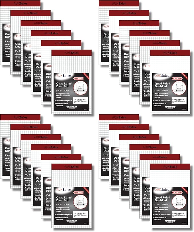 Grid Paper Pad 5x8 Inches, Graph Paper Pad 4x4, Grid Notepad, 24 Pack, 5x8 by AUKSALES