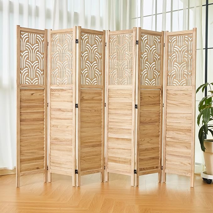 Svimi Folding Room Divider, 66.9 Inch 6 Panels Wood Carved Privacy Screens - Image 3