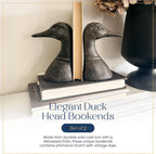 Decorative Distressed Cast Metal Duck Head Bookends - Heavy Duty Book Stopper for Shelves, Cute Novelty Book Holder - Rustic Vintage Home Office Organizer Set of 2