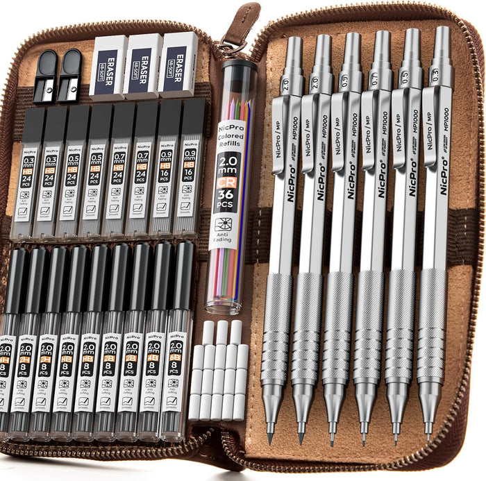 Nicpro 33PCS Metal Mechanical Pencil Set in Leather Case