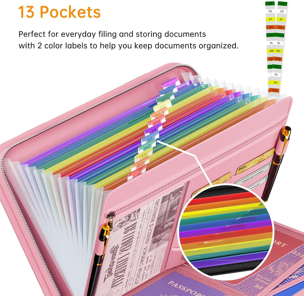 Tamfile Fireproof Accordion File Organizer, Expanding File Folder, Pink | 13 Pocket Colorful, Handle, Zipper & Labels, Multi-Pockets Paper Organizer, for Letter A4 Files, Home, Office, School